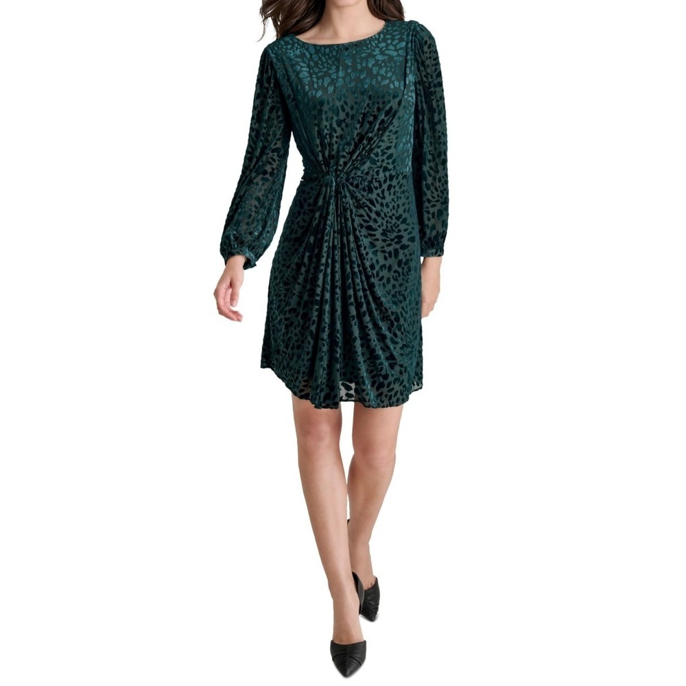 New $134 DKNY Women's Blue Boat-Neck Long-Sleeve Twist-Front Dress Size 12